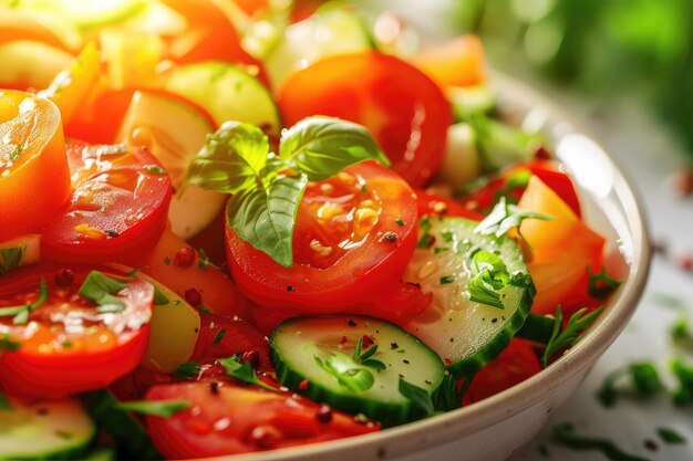 Foto ensalada de tomate y pepino en el plato de primer plano comida saludable hecha de verduras frescas iluminación solar