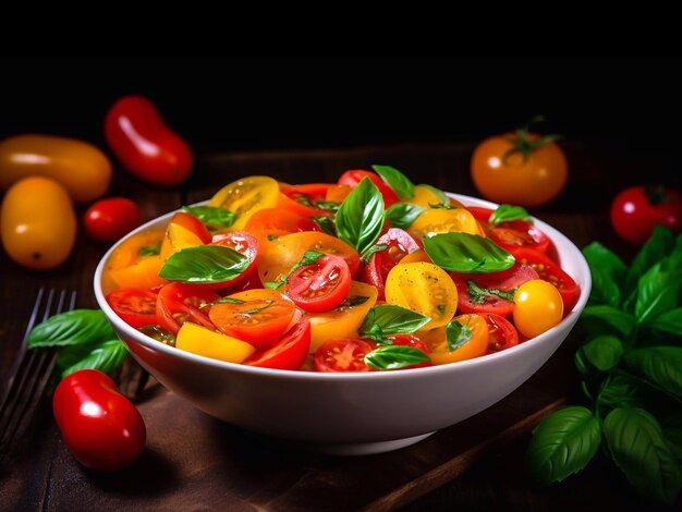 Ensalada de tomate con tomates rojos y amarillos de cereza con salsa balsámica y albahaca