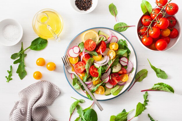 Ensalada de tomate vegana colorida saludable con pepino, rábano, cebolla