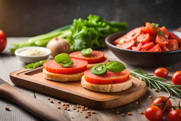 Una ensalada de tomates y lechuga están en una tabla de cortar.