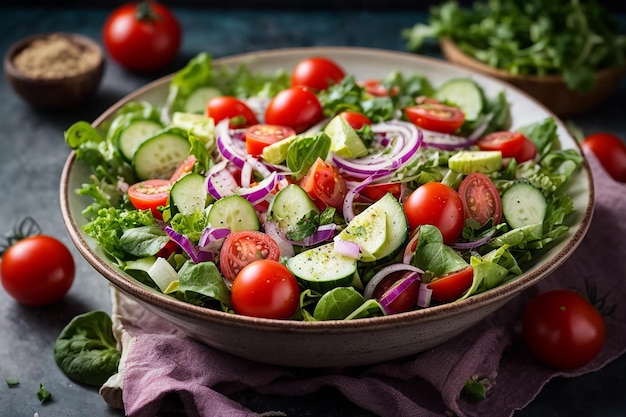 ensalada de tomates, pepino, cebollas rojas y hojas de lechuga, menú saludable de vitaminas de verano vegano