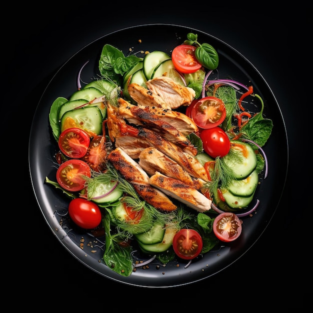 ensalada con tomates de pollo a la parrilla y pepinos en un plato blanco