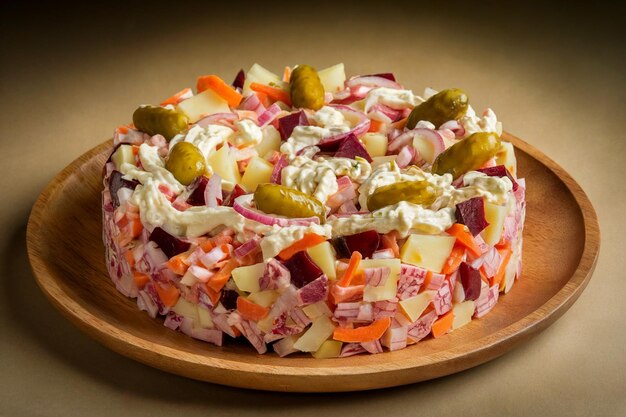 Ensalada tradicional de Olivier con iluminación de silla