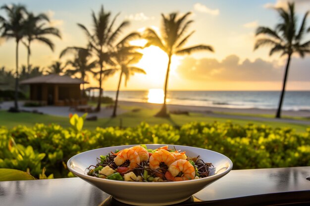 Foto una ensalada tropical con camarones a la parrilla y un poco de nueces de macadamia