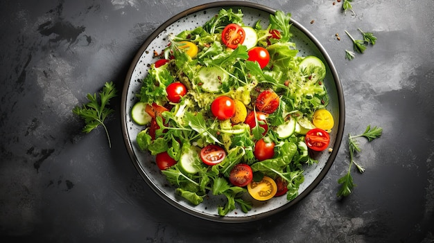 Ensalada vegana con verduras y hojas verdes vista superior del espacio de copia