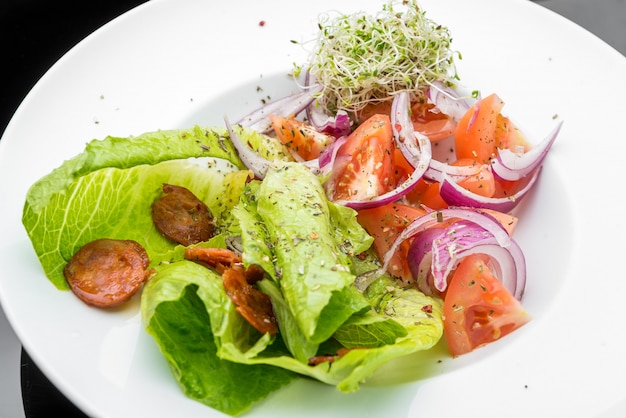 Ensalada de vegetales frescos con tomate, escarola y cebolla