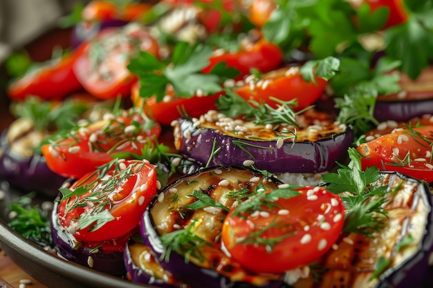 Ensalada vegetariana de berenjena con tomates de cereza al horno y cilantro de cerca