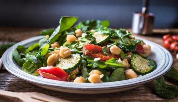 Ensalada vegetariana casera fresca en un plato en una mesa de madera Alimentos orgánicos y saludables