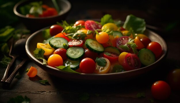 Ensalada vegetariana fresca con ingredientes saludables multicolores generados por IA