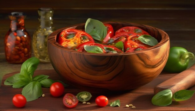 Ensalada vegetariana fresca con tomate maduro y mozzarella en un plato rústico generado por inteligencia artificial