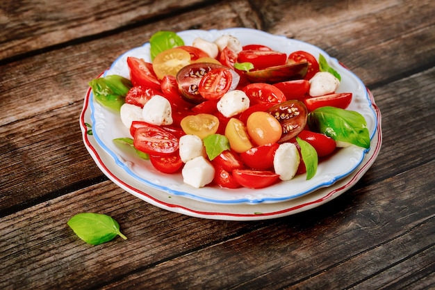 Ensalada vegetariana orgánica con queso mozzarella en plato blanco