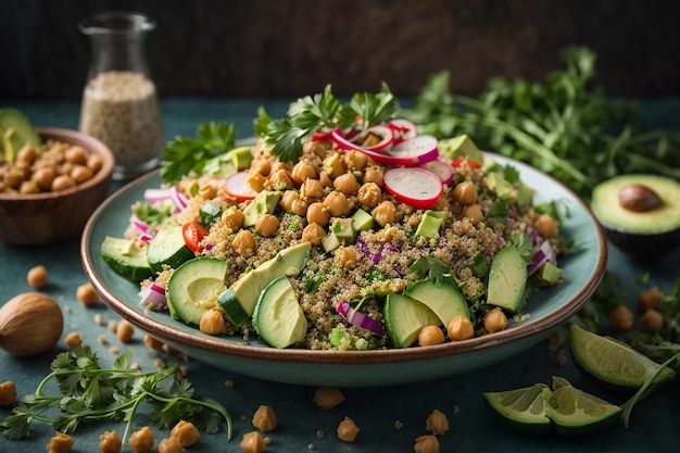 Foto ensalada vegetariana saludable con garbanzos quinua pepino rábano y aguacate