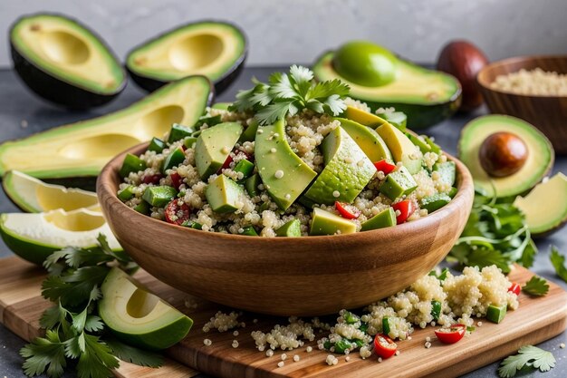 Foto ensalada vegetariana saludable con garbanzos quinua pepino rábano y huevos de aguacate generados ai