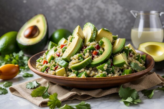 Foto ensalada vegetariana saludable con garbanzos quinua pepino rábano y huevos de aguacate generados ai