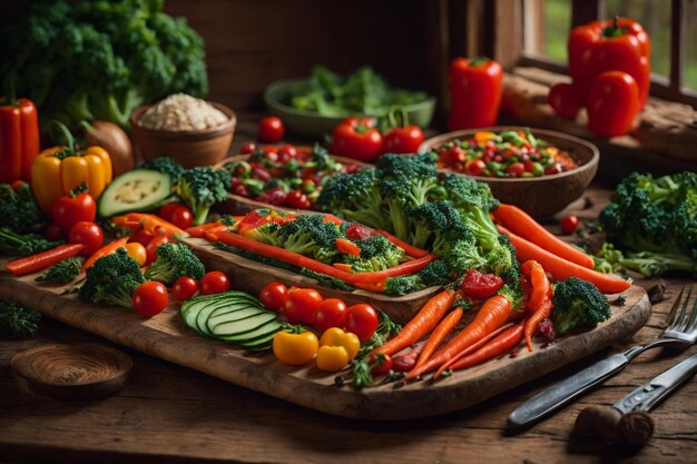 una ensalada vegetariana saludable con una variedad de vegetales orgánicos frescos ingeniosamente dispuestos en un plato de madera