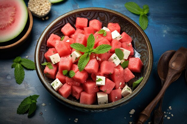 Ensalada de verano con sandía, pepino, queso y menta en un plato en una mesa blanca con un tenedor cerrado.