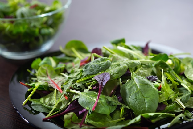 Ensalada verde fresca deja un primer plano Una noción de comidas saludables