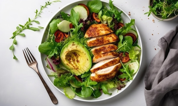 Ensalada verde con pollo al horno en la mesa de la cocina blanca IA generativa