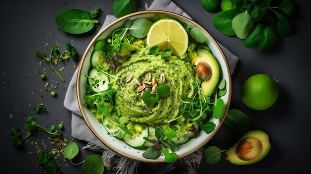 Ensalada verde saludable con espinacas, coles de bruselas, aguacate