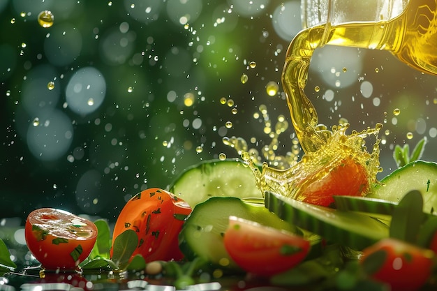 Ensalada verde con tomate y verduras frescas adornadas con aceite de oliva