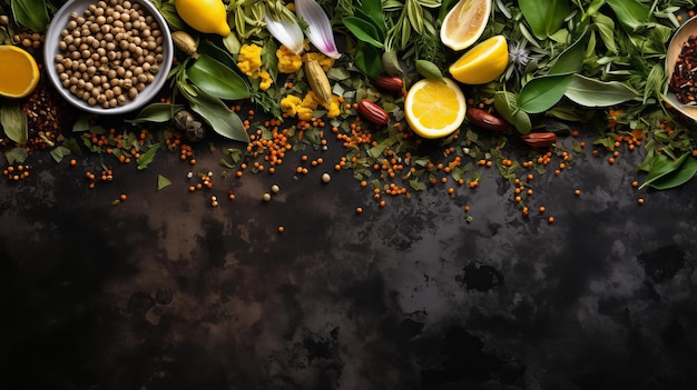 Ensalada verde variada con semillas de verduras y aceite en piedra negra Vista superior con espacio para el texto