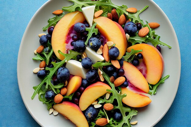 Ensalada verde vegetariana con fruta fresca en tazones blancos en la mesa