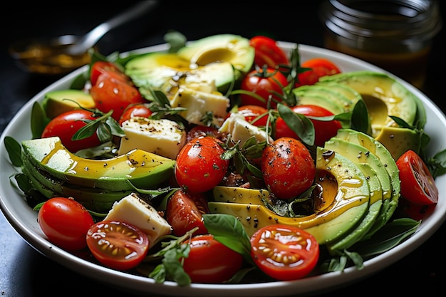 Ensalada verde vegetariana con rúcula o rúcula tomates ciruela Aguacate y queso mozzarella