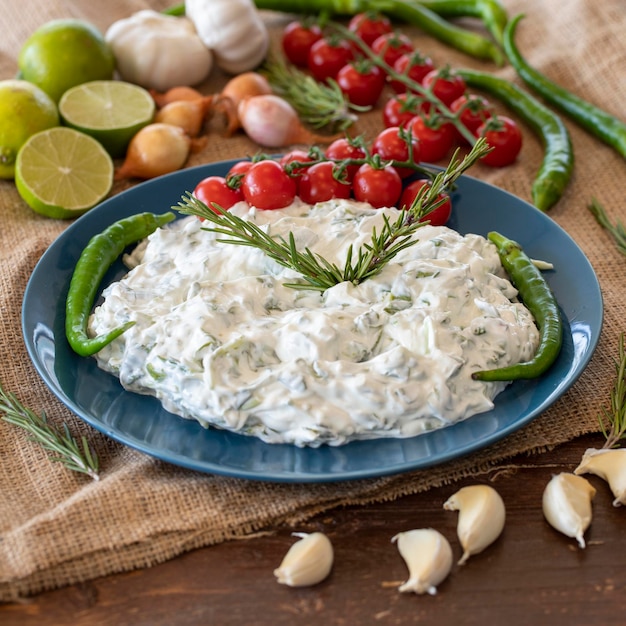 Ensalada de verdolaga con yogur aperitivo comidas saludables tomate pimiento ajo platos de cocina turca