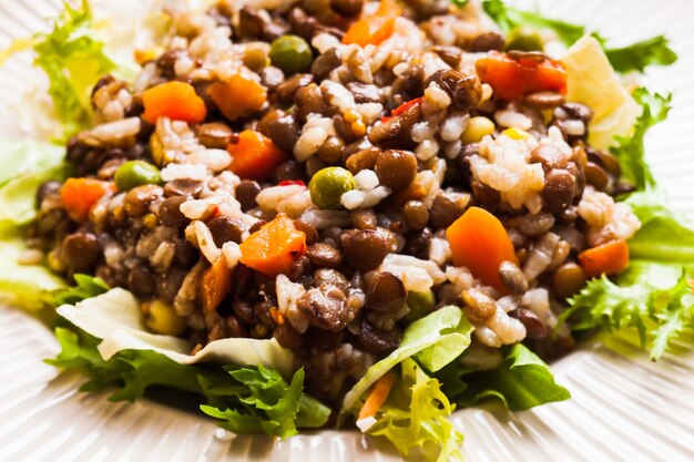 Ensalada de verduras, arroz y lentejas en un plato