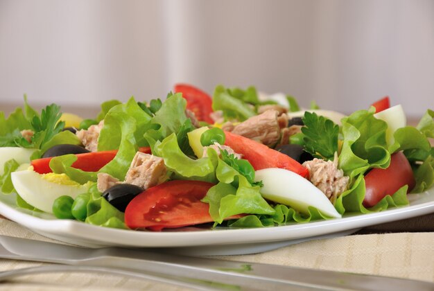 Ensalada de verduras con atún, huevo y aceitunas