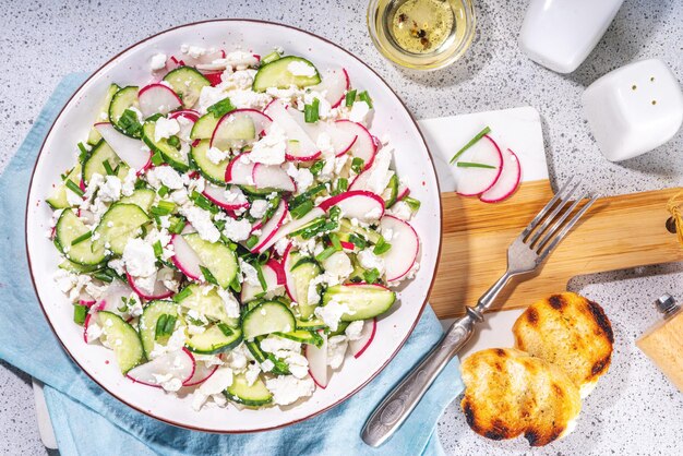 Foto ensalada de verduras dietética alta en proteínas con requesón ensalada de requesón fresco con pepinos y espacio para copiar rábanos