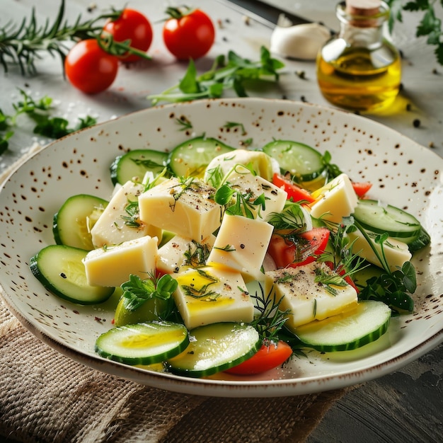 Ensalada de verduras Ensalada vegetariana con queso ahumado pepinos en rodajas tomates y verduras