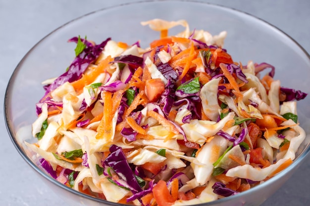 Ensalada de verduras frescas con col morada, col blanca, lechuga, zanahoria en plato blanco