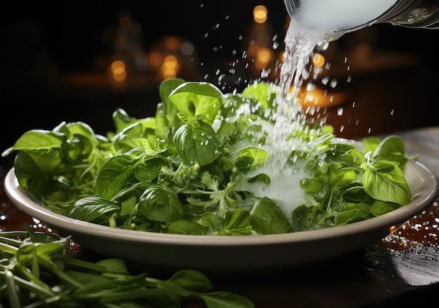 Ensalada de verduras frescas y comida con agua salpicada flotando en un plato con fondo de estudio oscuro AI Generativo