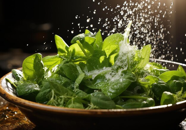 Ensalada de verduras frescas y comida con agua salpicada flotando en un plato con fondo de estudio oscuro AI Generativo