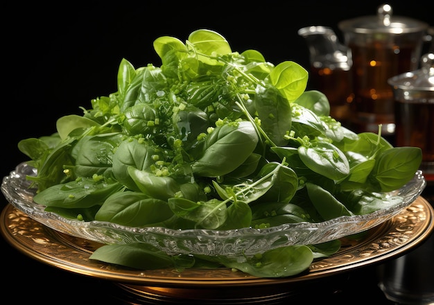 Ensalada de verduras frescas y comida con agua salpicada flotando en un plato con fondo de estudio oscuro AI Generativo