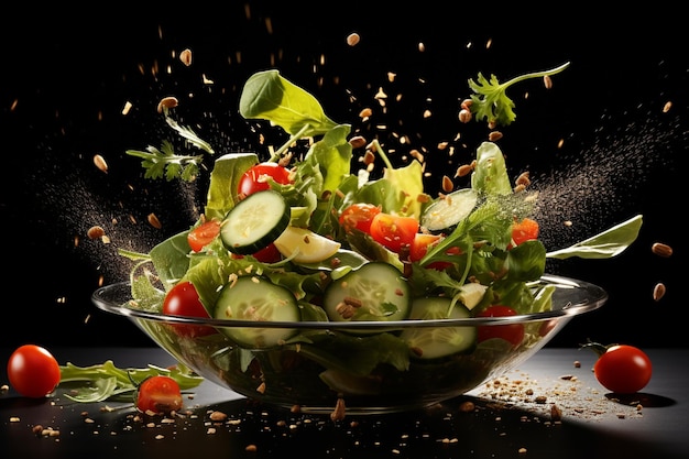 Ensalada de verduras frescas en un cuenco de vidrio con salpicaduras de agua sobre un fondo negro