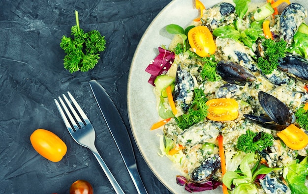 Ensalada de verduras frescas y mejillones