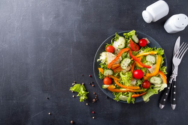 Ensalada de verduras frescas en un plato. Concepto de comida sana y dietética. Vista superior, espacio de texto