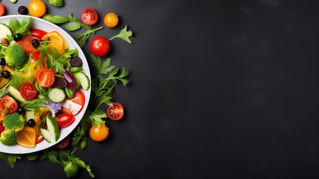 Ensalada de verduras frescas en un plato en la mesa Fondo con lugar para el texto