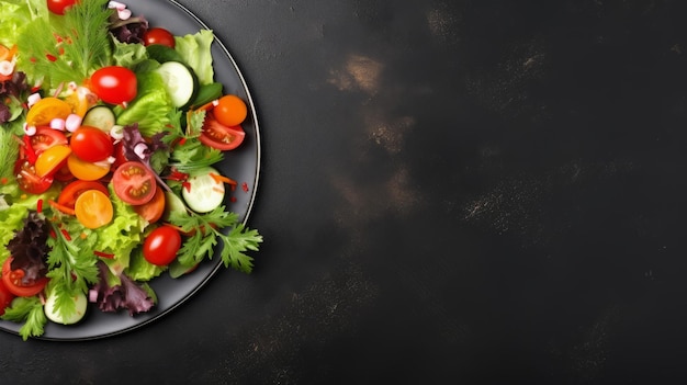 Ensalada de verduras frescas en un plato en la mesa Fondo con lugar para el texto