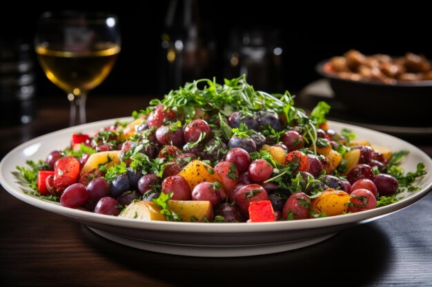 Foto ensalada de verduras frescas con remolacha rúcula cebolla púrpura chickpeas agrio melocotón y uvas en un blanco