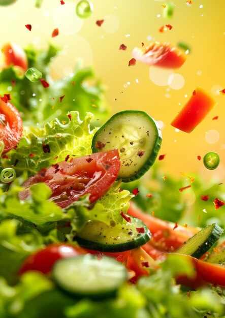 Ensalada de verduras frescas sobre un fondo amarillo