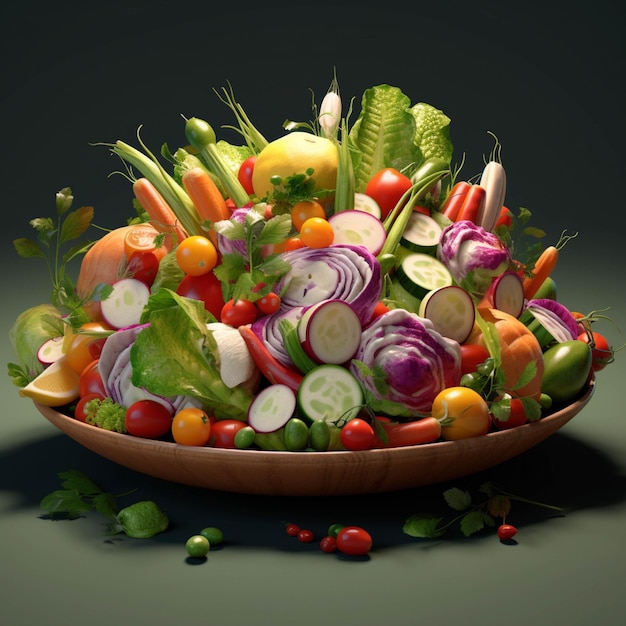 Ensalada de verduras frescas en tazón de madera sobre fondo oscuro Concepto de comida saludable