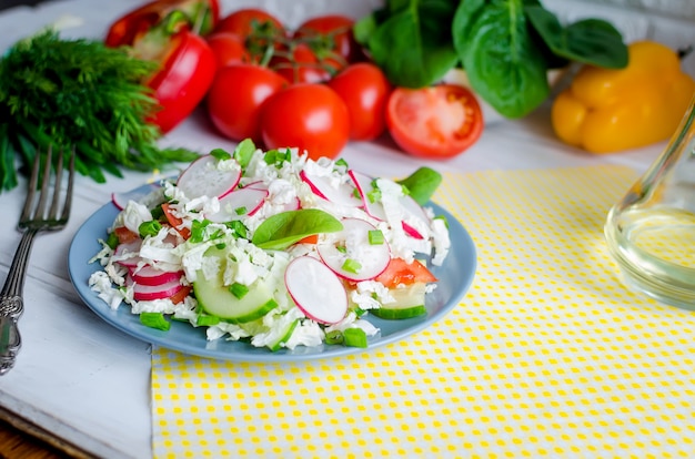 Ensalada Verduras Frescas Tomates Pepinos Rábanos Cebollas Hierbas