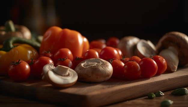 Ensalada de verduras frescas de verano con tomate maduro, ajo y pimiento generado por IA