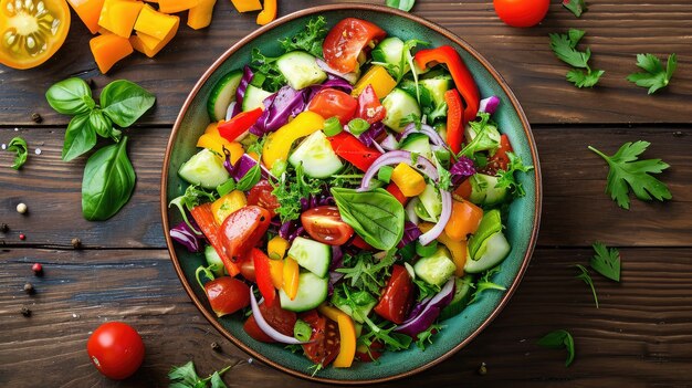 Ensalada con verduras frescas de verano vista desde arriba