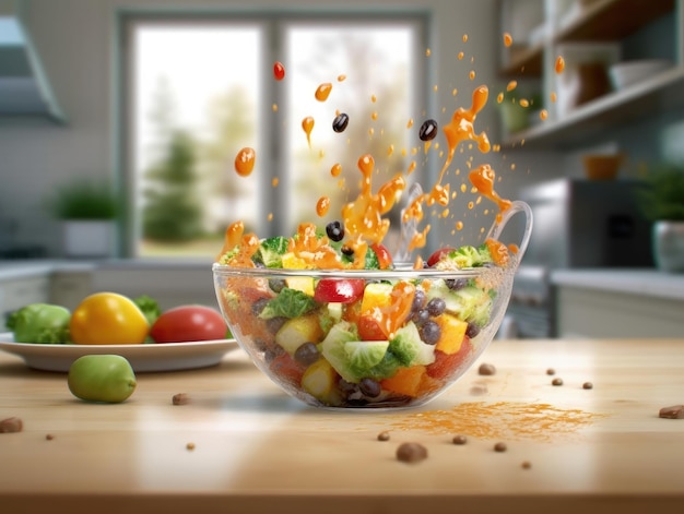 Ensalada de verduras y frutas en la mesa de la cocina IA generativa