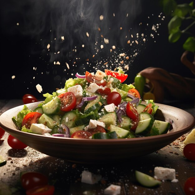 una ensalada de verduras y frutas en un plato con una persona en el fondo.