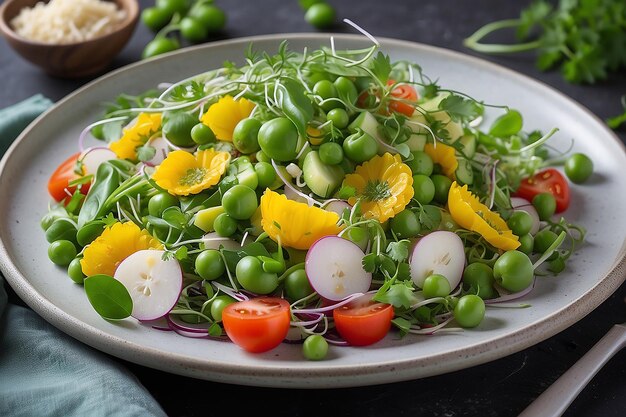 Ensalada de verduras con guisantes y brotes de girasol